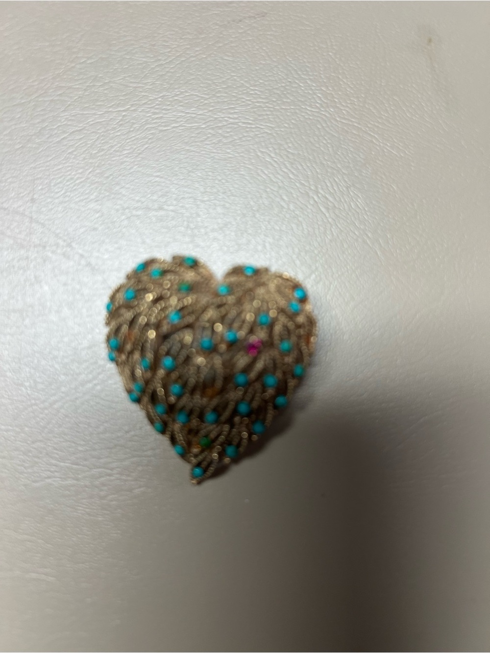 Gold Heart Brooch with Turquoise and Pink Accent